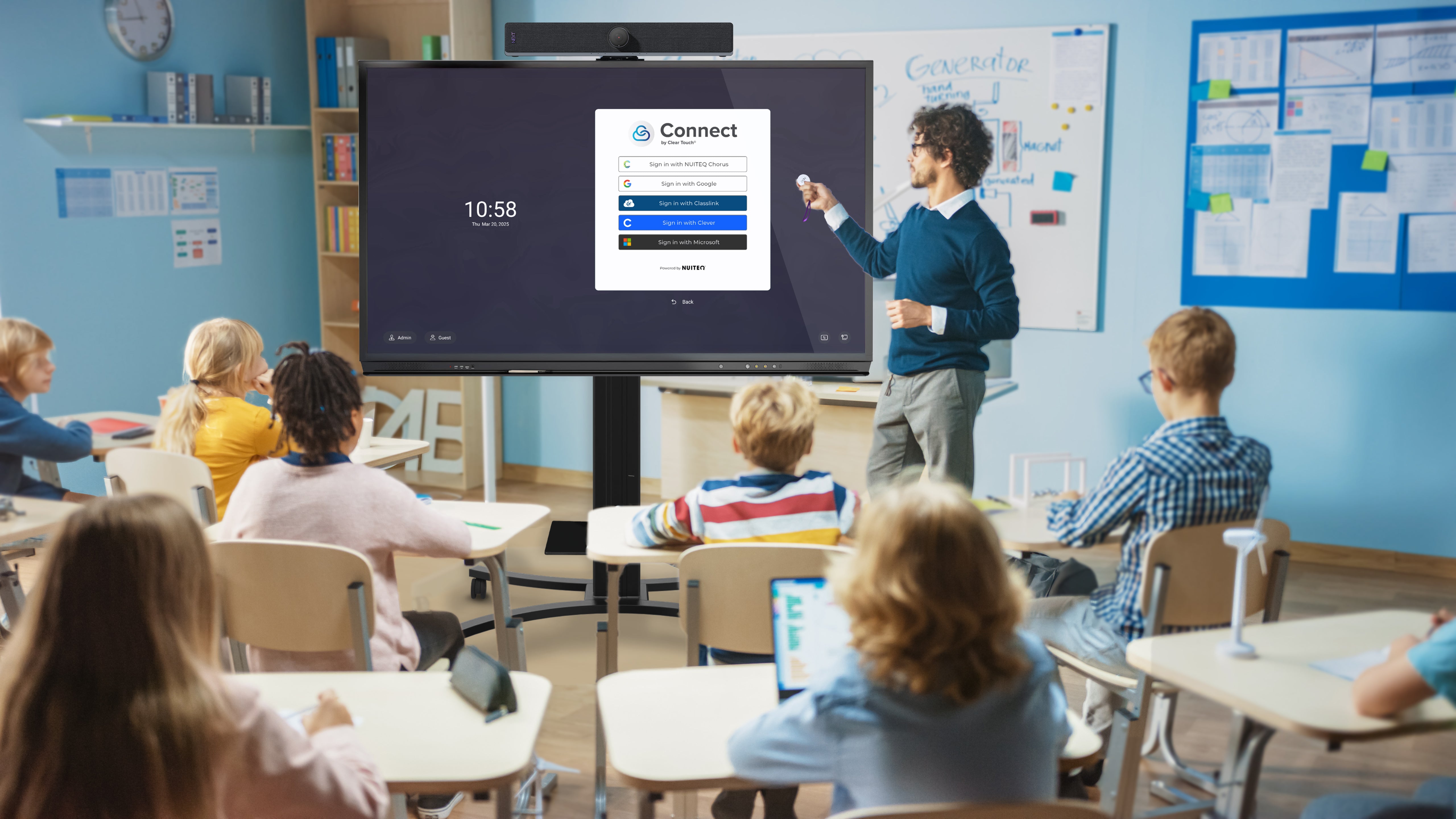 A teacher tapping a NEXT FOBio to log in to a panel with Connect